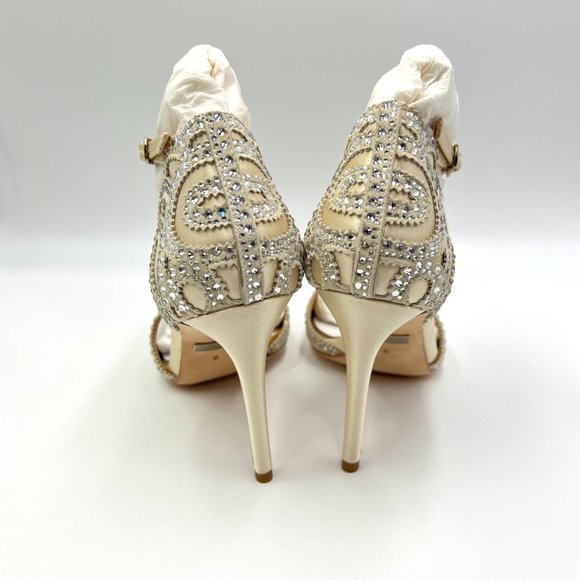 Badgley Mischka‎ Size 8 Roxy Jeweled Ivory Satin Open Toe Heels Pumps Shoes - Picture 7 of 13